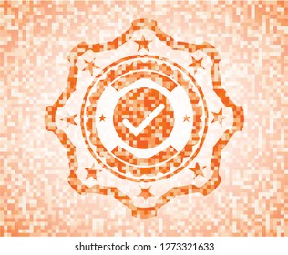 tick icon inside orange tile background illustration. Square geometric mosaic seamless pattern with emblem inside.