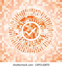 tick icon inside orange tile background illustration. Square geometric mosaic seamless pattern with emblem inside.