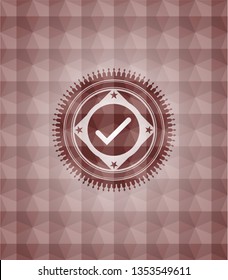 tick icon inside red badge with geometric pattern background. Seamless.