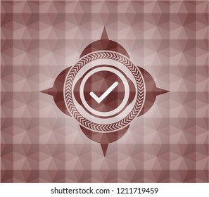 tick icon inside red emblem with geometric background. Seamless.