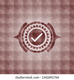 tick icon inside red emblem or badge with abstract geometric polygonal pattern background. Seamless.