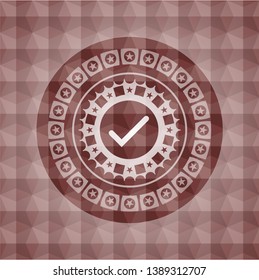 tick icon inside red emblem with geometric background. Seamless.