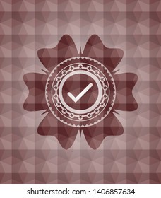 tick icon inside red emblem with geometric background. Seamless.