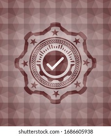 tick icon inside red emblem or badge with abstract geometric pattern background. Seamless.