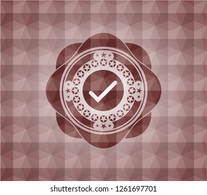 tick icon inside red geometric badge. Seamless.
