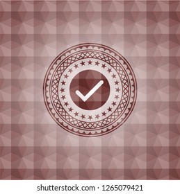 tick icon inside red geometric emblem. Seamless.
