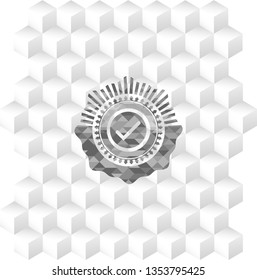 tick icon inside retro style grey emblem with geometric cube white background