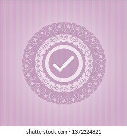 tick icon inside retro style pink emblem