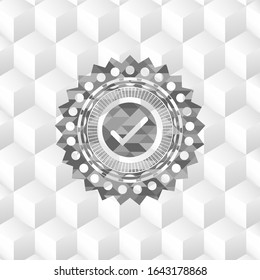 tick icon inside retro style grey emblem with geometric cube white background