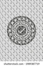 tick icon inside silver color emblem or badge. Scales pattern. Vector Illustration. Detailed. 