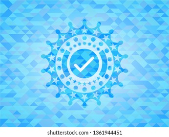 tick icon inside sky blue emblem with mosaic background