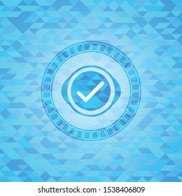 tick icon inside sky blue emblem with mosaic background