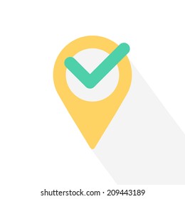 Tick icon with map pin. Flat design. Vector illustration