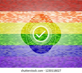 tick icon on mosaic background with the colors of the LGBT flag