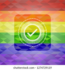 tick icon on mosaic background with the colors of the LGBT flag