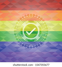 tick icon on mosaic background with the colors of the LGBT flag