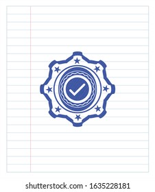 tick icon pen strokes emblem. Blue ink. Vector Illustration. Detailed.