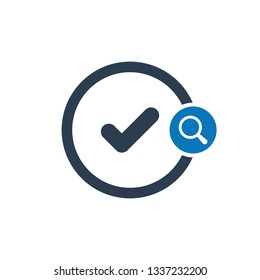 Tick icon with research sign. Tick icon and explore, find, inspect symbol. Vector illustration