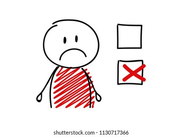 Tick icon with sad stickman. Vector.