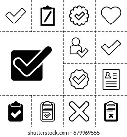 Tick icon. set of 13 filled and outline tick icons such as clipboard, cross, add user, heart
