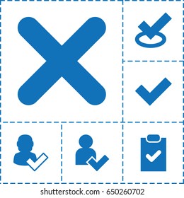 Tick icon. set of 6 tick filled icons such as cross, add user