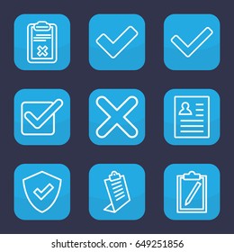 Tick icon. set of 9 outline tick icons such as clipboard, tick, cross, shield