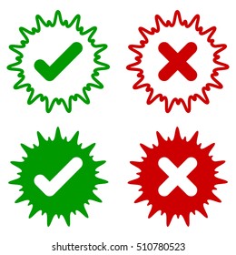 Tick icon set. Check mark icon set in green and red color splash, vector illustration.