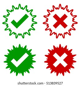 Tick icon set. Check mark icon set in green and red color splash, vector illustration.