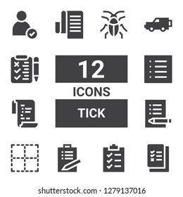 tick icon set. Collection of 12 filled tick icons included Check list, Clipboard, List, No border, Exam, x, Check, Cockroach
