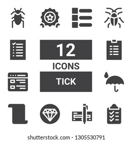 tick icon set. Collection of 12 filled tick icons included Clipboard, Check, Quality, List, Protection, Cockroach