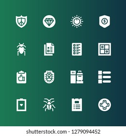 tick icon set. Collection of 16 filled tick icons included Controls, List, Cockroach, Test, Check in, Protection, Clipboard, Evaluation, Checklist, Control, Quality, Protect