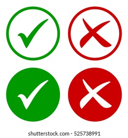 Tick icon set. Stylish check mark icon set in green and red color, vector illustration.