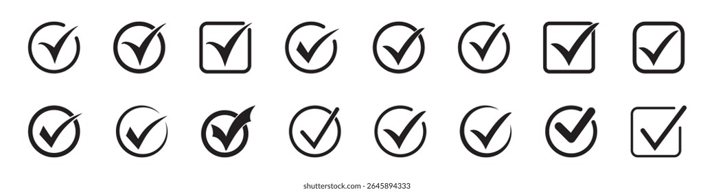 Tick icon symbol, checkmark, checked icon or correct choice sign, check mark or checkbox pictogram.