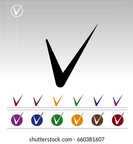 Tick icon, V, Logo, Icon approval. Different Color Solutions. Soft Rounded Lines, Pointed Shape. Additional Substrate In The Form Of A Circle
