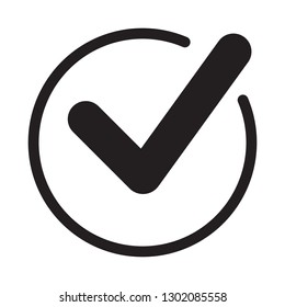 Tick icon vector symbol, checkmark isolated on white background, checked icon or correct choice sign, check mark or checkbox pictogram