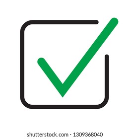 Tick icon vector symbol, checkmark isolated on white background, checked icon or correct choice sign, check mark or checkbox pictogram