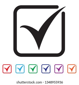 Tick icon vector symbol, checkmark isolated on white background, checked icon or correct choice sign, check mark or checkbox pictogram