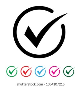 Tick icon vector symbol, checkmark isolated on white background, checked icon or correct choice sign, check mark or checkbox pictogram