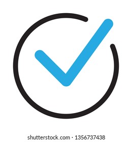 Tick icon vector symbol, checkmark isolated on white background, checked icon or correct choice sign, check mark or checkbox pictogram