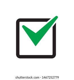 Tick icon vector symbol, checkmark isolated on white background, checked icon or correct choice sign, check mark or checkbox pictogram