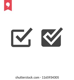 Tick icon vector symbol, green checkmark isolated on white background, checked icon or correct choice sign, check mark or checkbox pictogram