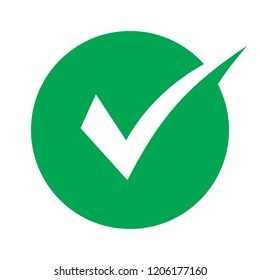 Tick icon vector symbol, green checkmark isolated on white background, checked icon or correct choice sign in round shape
