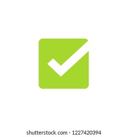 Tick icon vector symbol, green square checkmark isolated on white background, checked icon or correct choice sign, check mark or checkbox pictogram