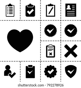 Tick icons. set of 13 editable filled tick icons such as resume, clipboard, add user, cross, shield, heart
