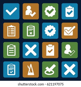 Tick icons set. set of 16 tick filled icons such as clipboard, metronome, cross, add user