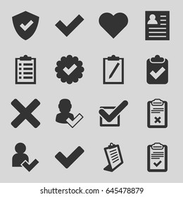 Tick icons set. set of 16 tick filled icons such as clipboard, add user, cross, shield, heart, resume