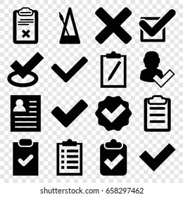 Tick icons set. set of 16 tick filled icons such as clipboard, metronome, cross, checklist