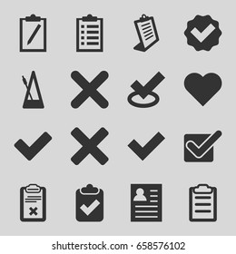 Tick Icons Set. Set Of 16 Tick Filled Icons Such As Clipboard, Metronome, Cross, Heart, Resume