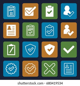 Tick icons set. set of 16 tick filled and outline icons such as add user, checklist, clipboard, cross, shield