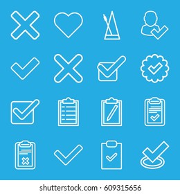 Tick icons set. set of 16 tick outline icons such as clipboard, metronome, cross, heart